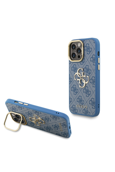 Guess iPhone 14 Pro Max Uyumlu Kılıf Guess Lisanslı Metal 4G ve Yazı Logolu Kamera Standlı Kapak Mavi