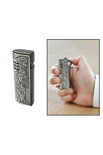 Tesbihane Kişiye Özel İsim Yazılı Gümüş Renk Sarmaşık İşlemeli Manyetorlu Çakmak