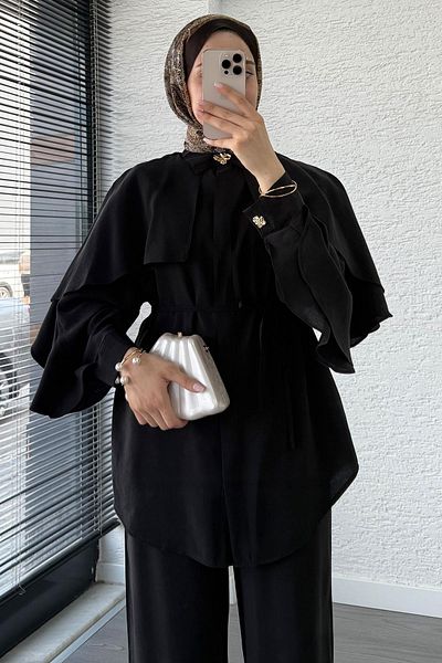 MELEK ARAZ Sleeve Ruffle Detail Tunic Trousers Set - Black
