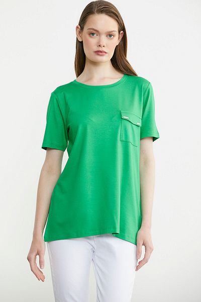 Sementa Crew Neck Combed Cotton T-Shirt with Pocket Detail - Green