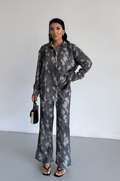 Bipantolon Women's Anthracite Leaf Effect Crinkle Shirt Pants Bottom Top Set