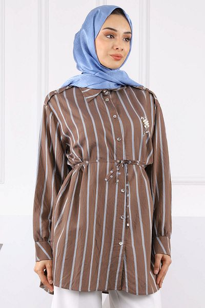 İmajButik Ριγέ τουνίκ με λεπτομέρεια καφέ πέτρα