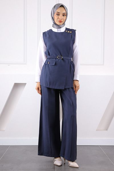 İmajButik Navy Blue Waist Belted Vest and Trousers Suit