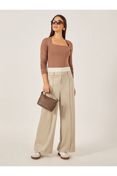 Styli Beige Double Waistband Wide Leg Pants with Pintuck Detail