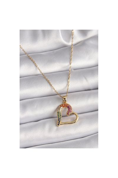 Skygo 316L Steel Gold Color Chain Colorful Zircon Stone Heart Model Women's Necklace - Tj-Bko9503