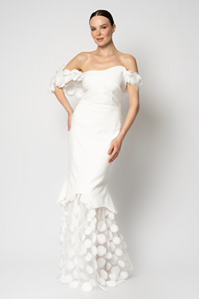 RENGIN Şal detaylı eteği daire desen tüllü krep abiye elbise