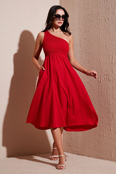 Fibula One Shoulder Rubber Gipess Cotton Midi Dress