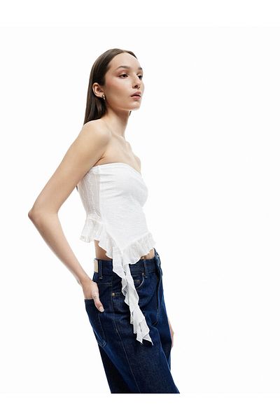 Koton Ruffle Detailed Asymmetrical Lace Strapless Crop Blouse