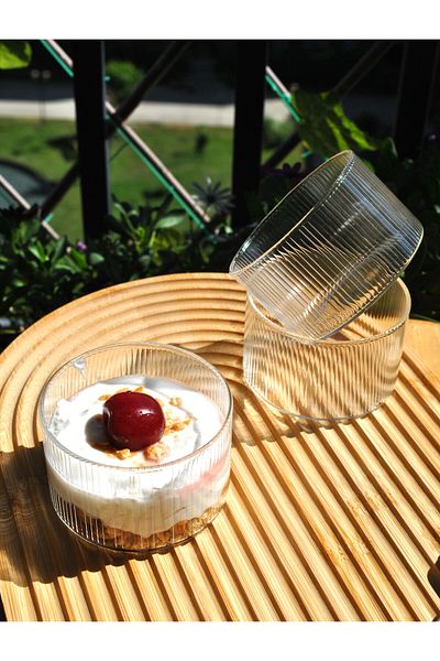 Qualitev 3-Piece Borosilicate Glass Bowl Striped Soufflé Container Magnolia Snack Bowl