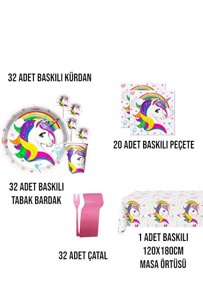 Evabrite Unicorn 32 Person Birthday Party Set - Unicorn Concept Birthday Ornaments