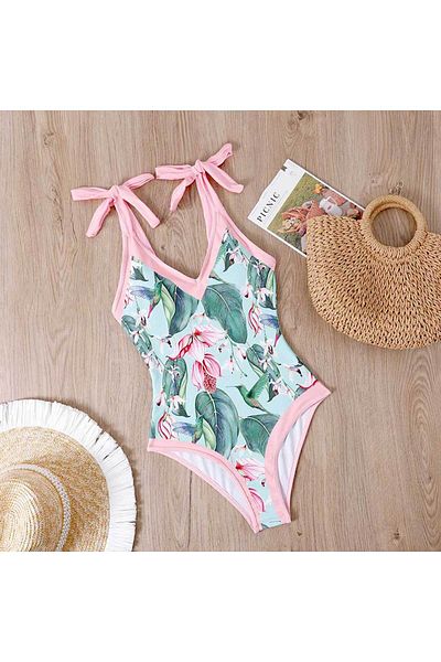 Eros Zone Premium One Piece Swimsuit With Skirt, S, Floral Print, Green-Pink, Tropical Bloom