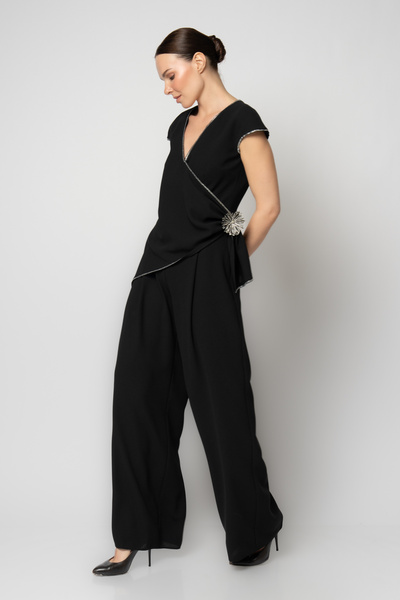 RENGIN Taş şeritli beli aksesuarlı ay kollu krep abiye elbise