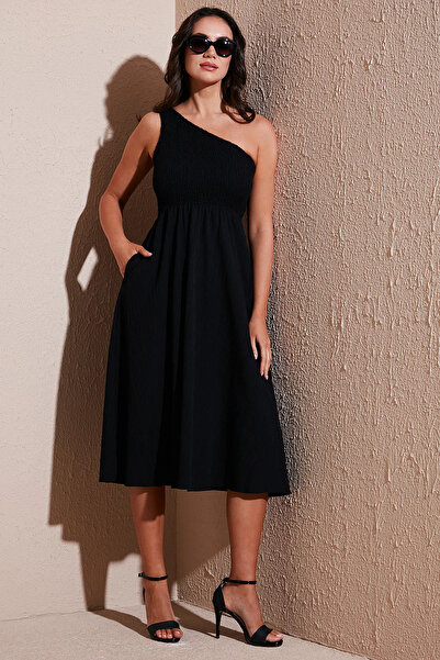 Fibula Tek omuz lastik gipeli pamuklu midi elbise