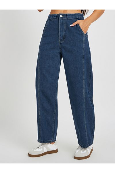 Styli Mid Rise Cut and Sew Detail Barrel Fit Jeans with Wide Belt Loops