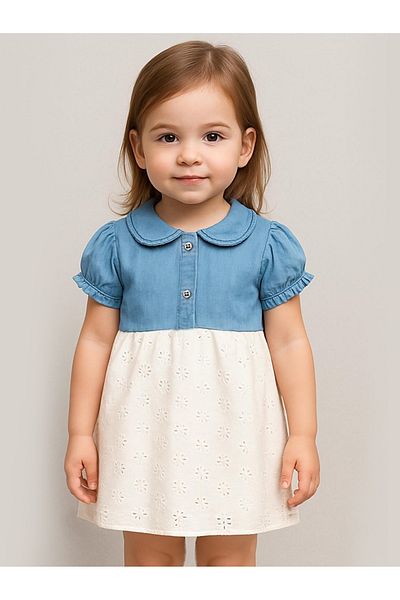 MixMax Bebe Lapel Embroidered Laced Girls Denim Dress