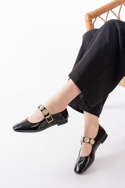 YASEMİN Women's Black Patent Leather Daily Ballerina Buckle Adjustable Lightweight Comfortable Shoes - Lara