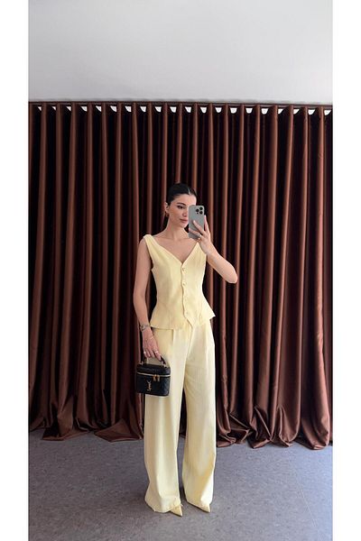 HAZELANNA Yellow Linen Vest-Pants Set