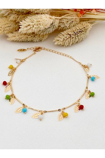 Siya Silver Colored Natural Stone Leaf Steel Anklet