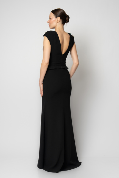 RENGIN Robası dallı çiçek taş işli ay kollu krep abiye elbise