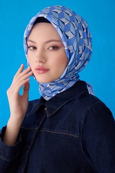 Belli Twill μεταξωτό φουλάρι 4112D γεωμετρικό σχέδιο τζιν μπλε-γκρι-35