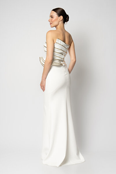 RENGIN Enine kat kat rugan biyeli krep abiye elbise