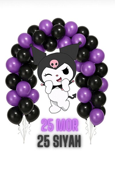 partyrüyası 50 Adet Mor-Siyah Kuromi Balon Zincir Set Kuromi Doğum Günü Konsepti Balon Set Zincir Hediyeli