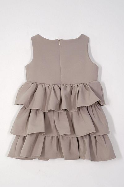 zepkids Crew Neck Ribbon Detailed Skirt Ruffled Zero Sleeve Stone Color Girl's Dress