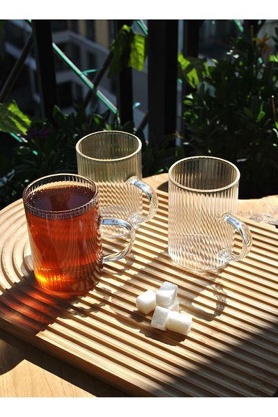 Qualitev 3-Piece Borosilicate Glass Cup Striped Handle Tea Coffee Cup Heat Resistant Mug-250 ml Tt