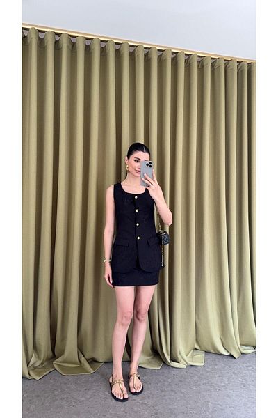 HAZELANNA Gold Buttoned Jacquard Black Suit