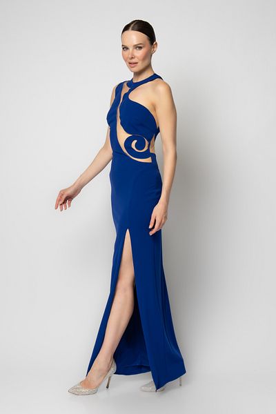 RENGIN Laser Cut Crepe Evening Dress with Motif on the Back and Chest