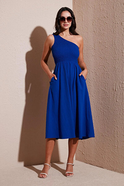Fibula One Shoulder Rubber Gipess Cotton Midi Dress
