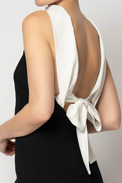 RENGIN Şal yaka çift renkli krep abiye elbise