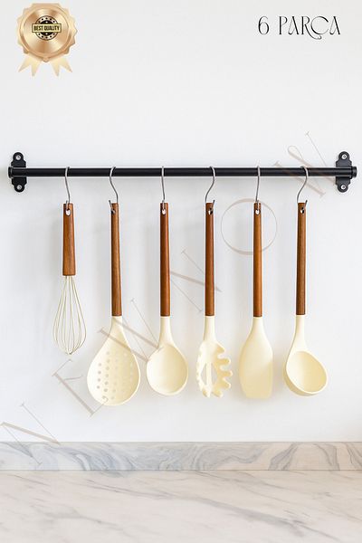 NEWNOW Nordictouch 6-Piece Silicone Kitchen Set, Acacia Handle, Silicone Serving Set 6 Pieces