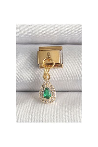 Skygo 316L Steel Gold Color Hanging Drop Green Zircon Stone Nomination Charm - Tj-Bc1349