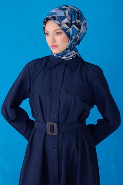 Belli Twill Silk Scarf 4106D Geometric Pattern Indigo-Bebe Blue-82