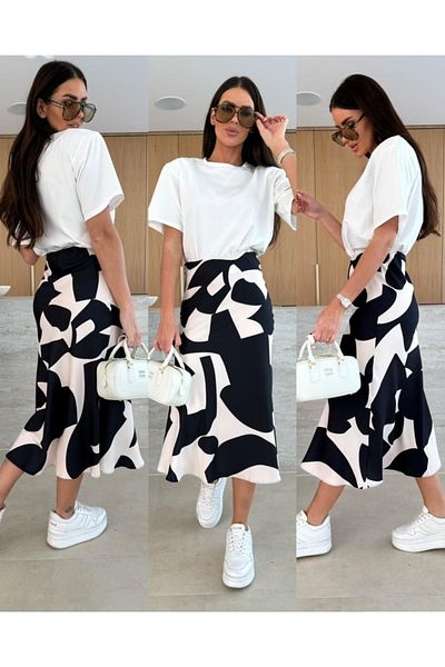 D&M Life Collection Women's Short Sleeve Crew Neck Viscose Blouse and Patterned Single Jersey Skirt Double Set - 2Xl-3Xl - Black