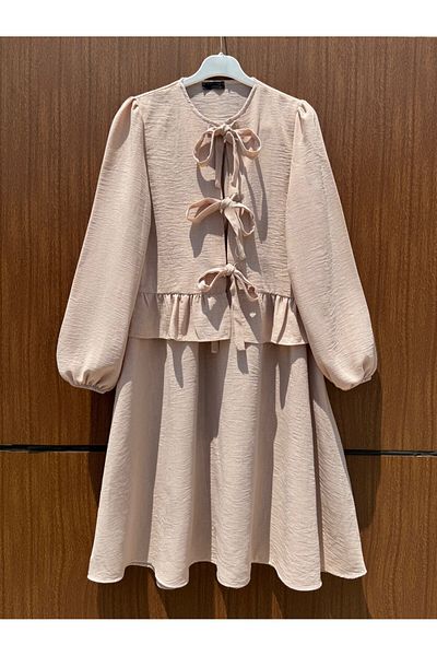 Modamorfo Lace-Up Front Sleeve Elastic Skirt Suit -Beige