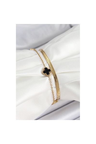 Skygo 316L Steel Gold Color Black Clover Italian Chain 2-Piece Women's Bracelet - Tj-Bb7080