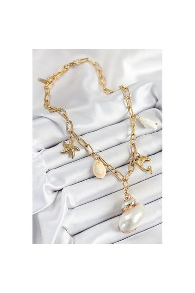 Skygo 316L Steel Gold Color Sea Shell and Star Concept Women's Necklace - Tj-Bko10292