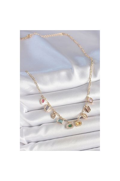 Skygo Row Mixed Color Zircon Stone Gold Brass Necklace - Tj-Bko10221