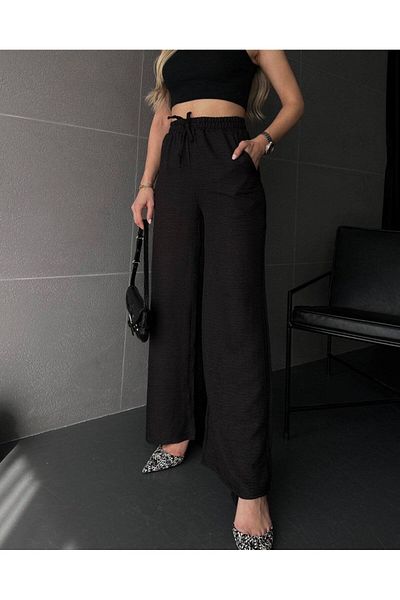 sportiness Wide Leg Palazzo Linen Trousers with Elastic Waist