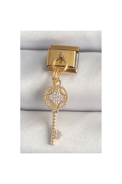 Skygo 316L Steel Gold Color Hanging Zircon Stone Key Model Nomination Charm - Tj-Bc1347
