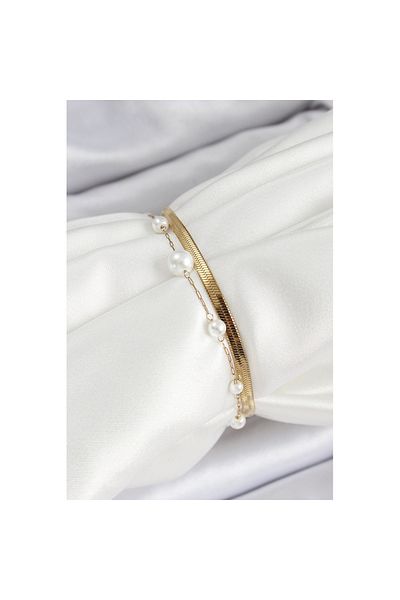 Skygo 316L Steel Gold Color Women's Bracelet with Pearl and Italian Chain - Tj-Bb7094