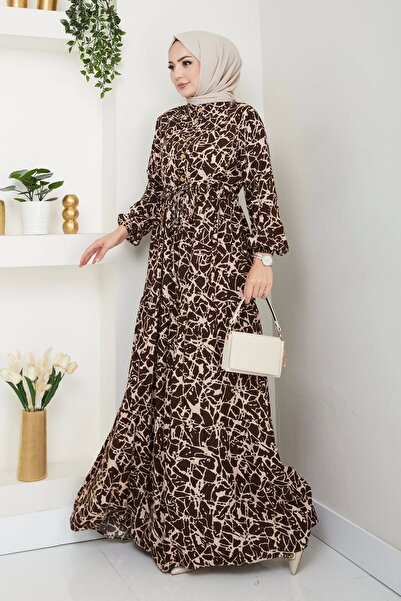 Moda MSK Φόρεμα με μοτίβο με μισό κουμπί καφέ