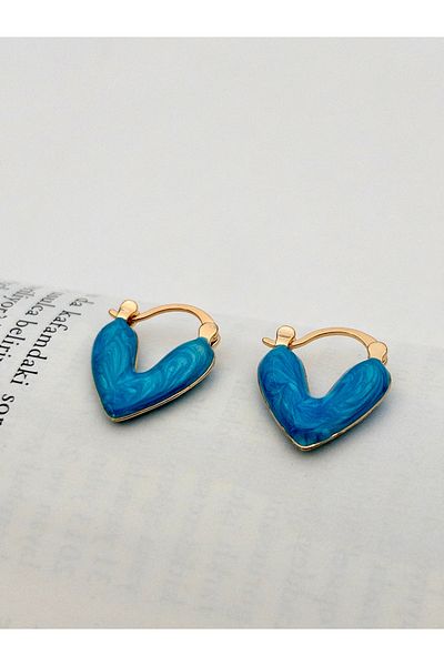 Siya Silver Blue Enamel Minimal Steel Heart Earrings