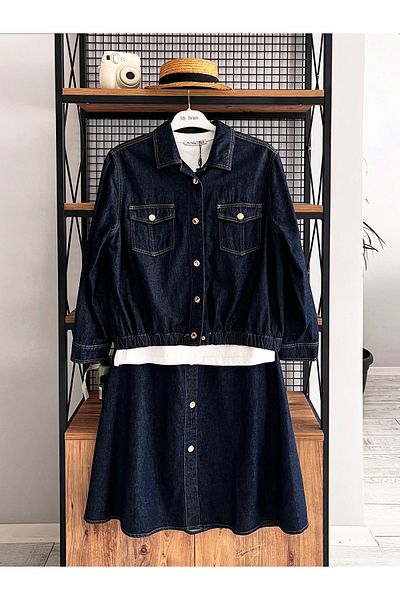 My twins Ewas Design Midi Length Denim Skirt Blouse Denim Jacket Plus Size Women's Three Piece Set