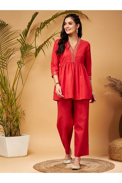 Shae by SASSAFRAS Embroidered Gathered Detail Peplum Top and Wide Leg Set