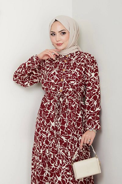 Moda MSK Brush Pattern Half Button Dress Red