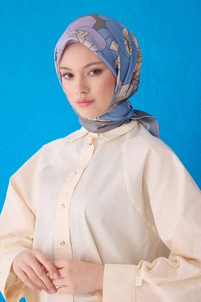 Belli Twill Silk Scarf 4127D Floral Pattern Smoked-Baby Blue-85