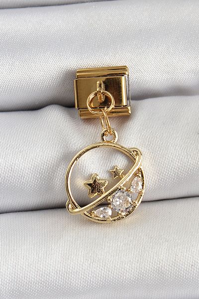 Skygo 316L Steel Dangle Zircon Stone Saturn Model Gold Color Nomination Charm